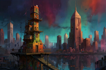 Obraz premium A vibrant dystopian cityscape with whimsical, surreal elements on a boy’s easel, High illustration, 8k image 