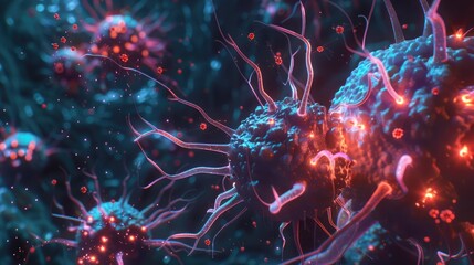 Experience a captivating 3D visualization of viruses fiercely targeting nerve cells in a vivid portrayal correlating to Neurologic Diseases tumors and brain surgery