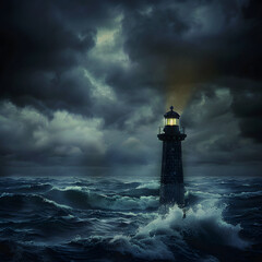 Obraz premium A lighthouse is lit up in the dark, stormy sea. The waves are crashing against the rocks, and the sky is filled with dark clouds. The lighthouse is the only source of light in the scene