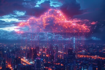 Digital cloud filled with binary code, floating over a cityscape, clear copy space around, dusk lighting