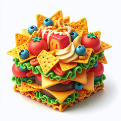 simple 3D icon illustration of mexican nachos, coke, hamburger and french fries, on white background, app style