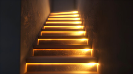 A staircase with lights on it. The lights are yellow and they are on the steps. The staircase is in a dark room