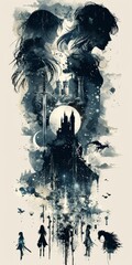 Obraz premium A black and white illustration of a woman and a man in front of a castle. Monochromatic ink illustration with fantasy world and characters, design for a book cover or a poster