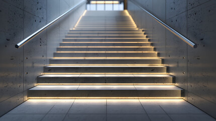 A staircase with a lighted railing. The lighting is on the steps and the railing