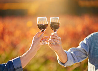 Cheers, wine glasses and hands in outdoor for love, romance and relax in vineyard or nature. Elderly people, senior couple and alcohol drink on vacation, holiday and calm celebration on anniversary