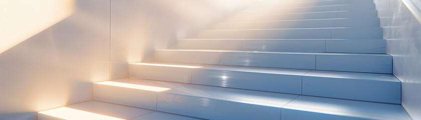 A staircase with a light shining on it. The light is coming from the top of the stairs - Powered by Adobe
