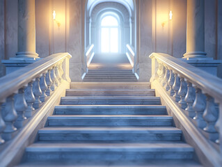 A staircase with a white railing and a window above it. The staircase is empty and the light is...