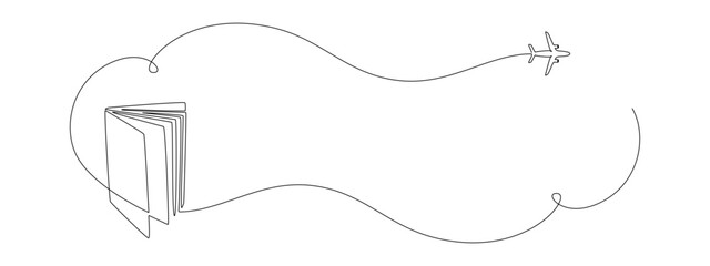 Continuous one line drawing of opened book with bookmark. Education study and knowledge library concept in simple linear style. Editable stroke. Doodle vector illustration