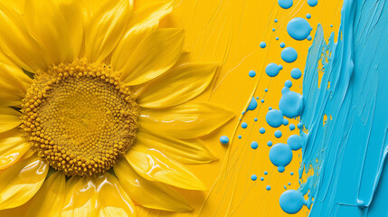 Abstract background with sunflower and blue paint splashes in yellow and blue
