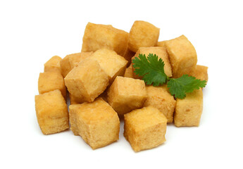 Fried tofu on a white background