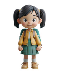 3D Rendered Chibi Illustration of a Cute and Happy Asian Girl Going to School, Isolated on Transparent Background, PNG
