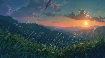 The alpine meadow undergoes a mesmerizing transition as day shifts into night with tall grass swaying against a backdrop of majestic mountains while the sun and moon dance in the twilight s