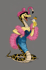 Flamboyant Cartoon Cobra Wearing a Feather Boa Holding a Cocktail with a Flamingo Straw.