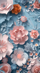 A blue background with a bunch of flowers in pink and orange. The flowers are arranged in a way that they look like they are blooming. Scene is cheerful and vibrant