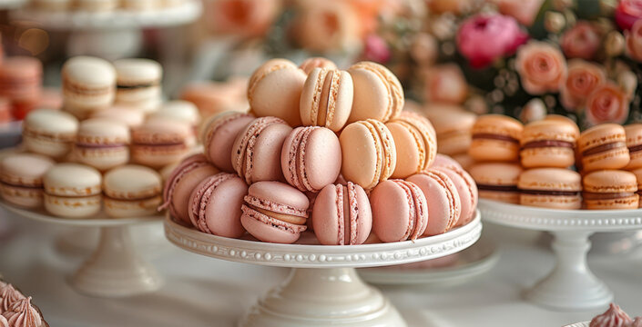elegant macaroon display, elegant pastel-hued macaroon cookie arrangement, ideal for a chic party or wedding dessert display