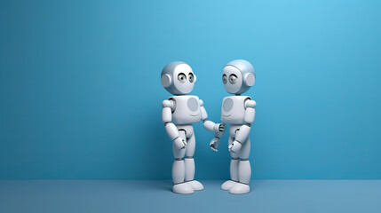 Two robots are standing next to each other and shaking hands