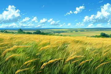 Wheat Field With Clouds and Blue Sky