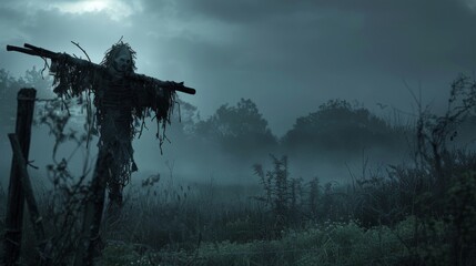 A creepy scarecrow is standing in a field of tall grass