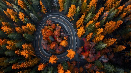 Aerial view of a winding road in the Pacific Northwest forest in autumn