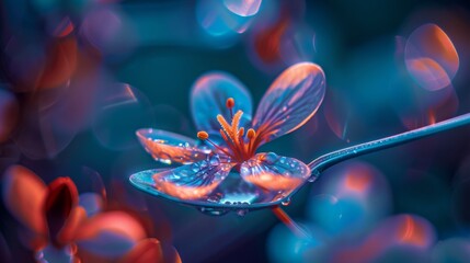 A flower is on a spoon, and the spoon is in a blue and red background