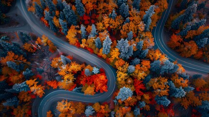 Aerial view of a winding road in the Pacific Northwest forest in autumn