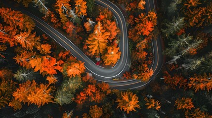 Aerial view of a winding road in the Pacific Northwest forest in autumn - Powered by Adobe