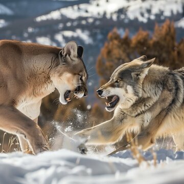 Cougar and wolf in an epic battle