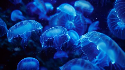 A group of blue jellyfish are floating in the water