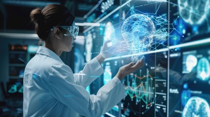 A female doctor uses advanced holographic scanning of brain to diagnose a patient's brain cancer