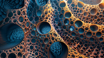 Gradient background with fractal pattern and neuron network, futuristic style in blue and copper.