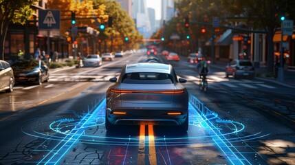 AI-powered cars navigate streets with precision and safety. Sensor scan around the car.