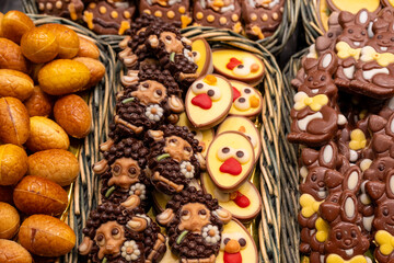 Delicious handmade and traditional chocolates decorated with fruit flavors, delicious sweet cocoa delights with different decorations