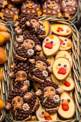 Delicious handmade and traditional chocolates decorated with fruit flavors, delicious sweet cocoa delights with different decorations