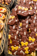 Delicious handmade and traditional chocolates decorated with fruit flavors, delicious sweet cocoa delights with different decorations