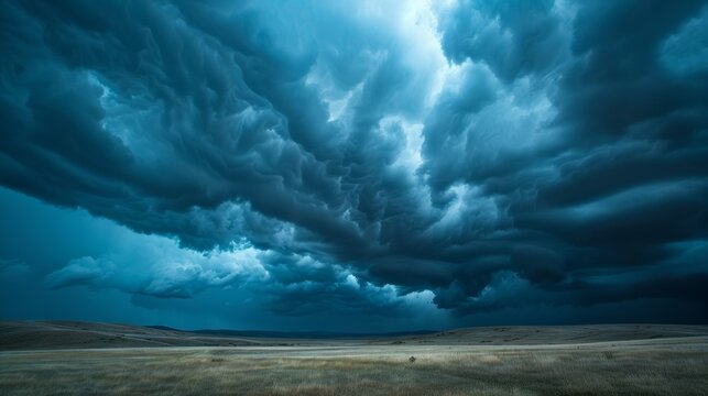 A large storm cloud is rolling across a field
