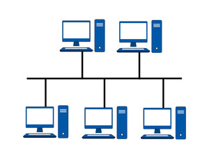 Bus topology network vector illustration, in computer network technology concept, network topology type, with a transparent background