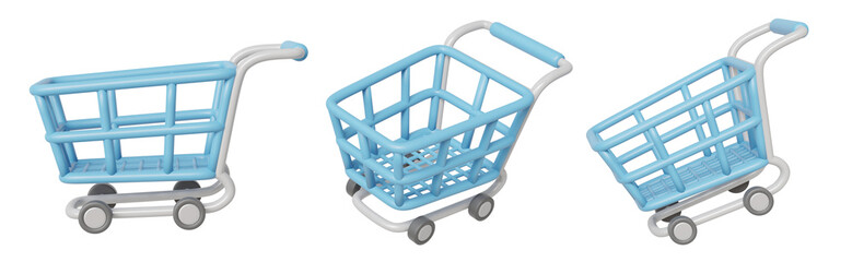 3D illustration of a set of blue shopping cart icons isolated on transparent background. For marketing, consumers, sales, online stores © Khomkrid