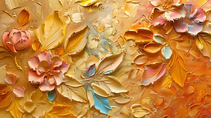 An abstract oil painting technique featuring flowers and leaves. It is fashionable to wear in any room of the house. Luminous golden texture. Posters, wall papers, posters, cards, murals, carpet