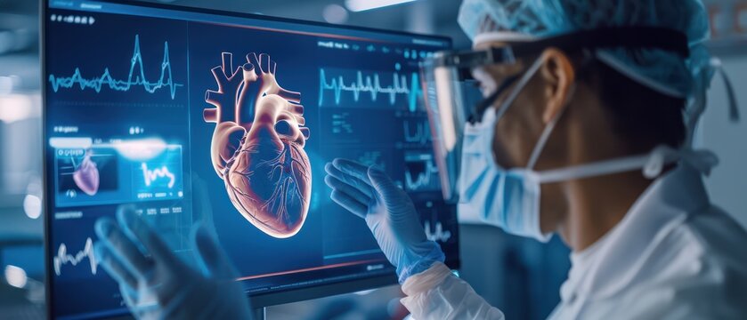 Doctor use a computer interface to view heart condition - Powered by Adobe