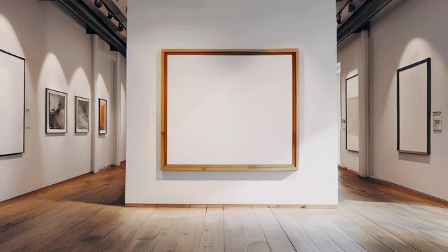 Empty frames in bright, modern art gallery