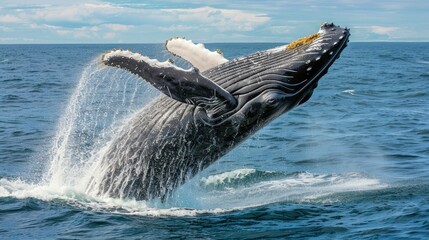 Fototapeta premium A majestic whale breaches with ocean spray