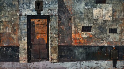A man stands in front of a building with a rusty door