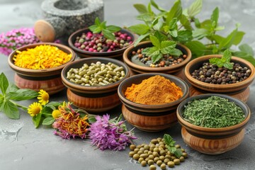 Fototapeta premium small bowls with herbal medicine ingredients and mortar and pestle used, representing the concept of ayurveda natural remedies