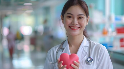 Happy Female doctor holding a love heart with blurred hospital background