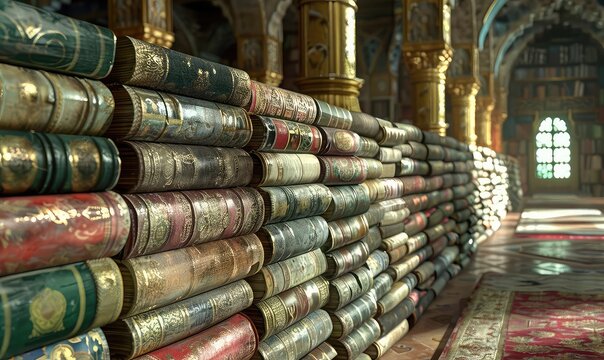 Digital library of Islamic manuscripts, scrolls unfurling in 3D space, historical ambiance, wide shot