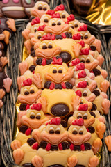 Delicious handmade and traditional chocolates decorated with fruit flavors, delicious sweet cocoa delights with different decorations