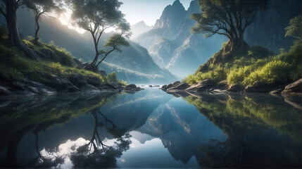 Wonderful Landscape view Mountain, Lake and River. Desktop wallpaper.