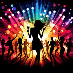 Silhouettes of people dancing and celebrating with drinks against a vibrant, colorful lights background