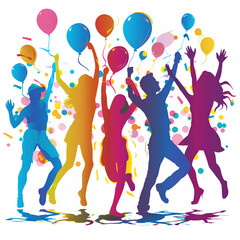 Colorful silhouettes of people celebrating with balloons and confetti on white background