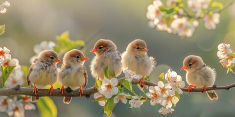 Birds perch peacefully amidst blooming blossoms